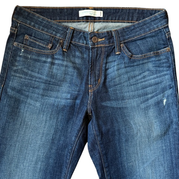 Levi’s 545 Low Boot Cut Jean Dark Blue Distressed Feathering Flap Pocket 10M/32L - Picture 3 of 16